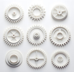 Set of white plastic gears isolated on white  background