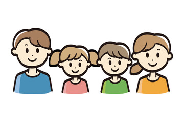 4人家族のにっこり笑顔の横並びイラスト