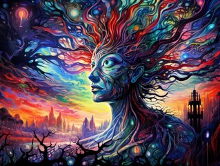 DMT art of subjective experiences of individuals with schizophrenia showing the vibrant and hallucinatory nature of DMT-inspired visuals. mental health concept Illustration Generative AI