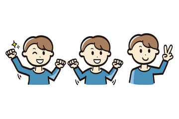 若い男性のいろんなポーズバリエーションのポップなイラストセット