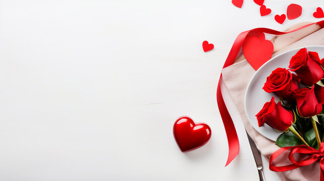 Cutlery and red roses isolate valentine's day. Generative AI,