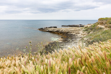 Cape Tarkhankut on the Crimean peninsula. The rocky coast of the Dzhangul Reserve in the Crimea. The Black Sea. Turquoise sea water. Rocks and grottoes of Cape Tarkhankut.