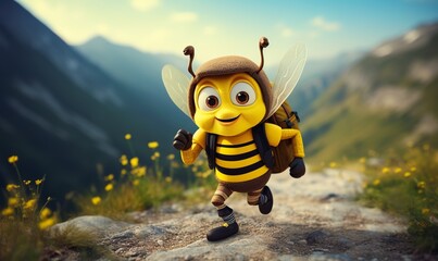 a cute bee traveler with a big background - obrazy, fototapety, plakaty