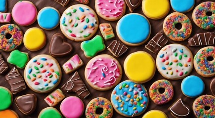 delicious sweets on abstract background, sweets, chocoltae, donuts, sweet colored biscuits - obrazy, fototapety, plakaty