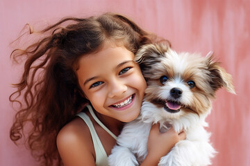 Portrait of a happy girl with a cute puppy in her hands - obrazy, fototapety, plakaty