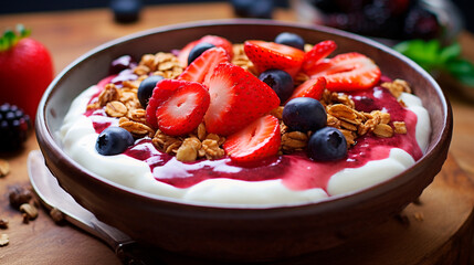 Porridge with berries in a bowl for breakfast. Generative AI,