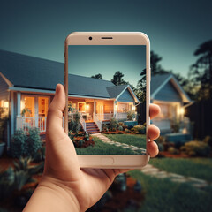 Hand Holding a Mini Tablet/ Large Smartphone, taking a picture of the Entryway to a Gorgeous Suburban Family Home - obrazy, fototapety, plakaty