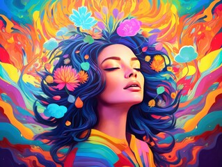A woman in a colorful vivid dreamy background. an illustration of visual hallucinations. Mental health concept Illustration Generative AI