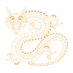 Asian zodiac sign, Chinese dragon character outline illustration. Gold outline for dark backgrounds. 2024 Lunar New Year hand drawn vector. Asian style design. Element for traditional holiday decor