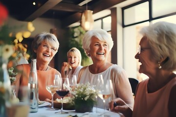 Happy senior diverse women drinking wine and laughing together in restaurant - obrazy, fototapety, plakaty