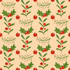 Seamless pattern with botanical plants, flowers and berries. Textile or wallpaper print