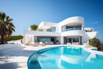 Exterior of modern minimalist white villa with pool. A luxurious house with curved shapes, located on the coast of the ocean. An example of modern architecture and design. Generative AI.