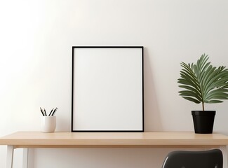 An empty white frame on the table, in the style of minimalism, a template for design, an interior item.