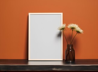 A mock-up of an empty frame with a vase on the table, made in a minimalist style, against an orange wall.