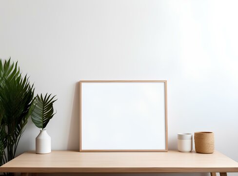 A mock-up of an empty frame with a vase on the table, made in a minimalist style.