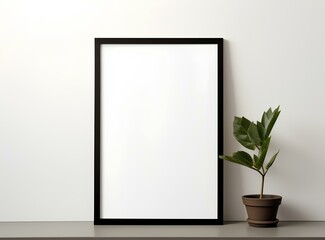 The layout of an empty frame with a vase on the table, made in the style of absolute minimalism.