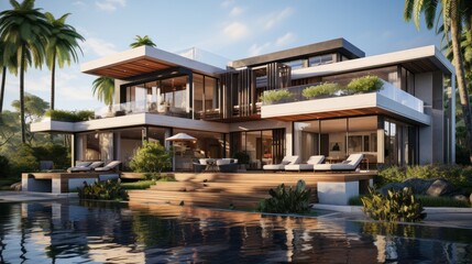 3d rendering of modern house by the river at morning, house, luxury, villa, modern, architecture, building, exterior, residential, property, designer