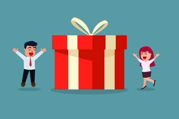 Businessman and businesswoman are delighted with big gift boxes. Office holiday celebration concept. A big surprise. Vector illustration