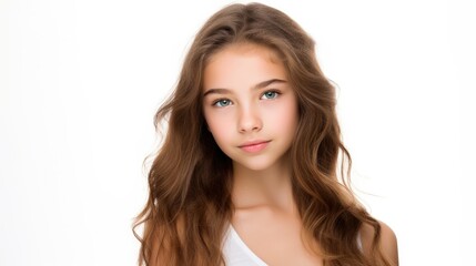 Fototapeta premium photo portrait of a beautiful young caucasian white American model teen girl looking forward. child ad with copy space, children, beauty, pretty