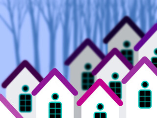 White residential apartments with unique windows in winter hut, landscape