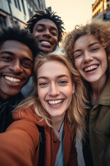 Group of happy students making selfie outdoors, diversity people