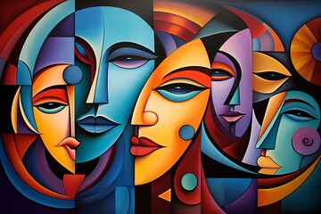 A lot of abstract faces are painted on a colorful background, in the style of modernist illustrations, a flat composition, a multi-layered composition.