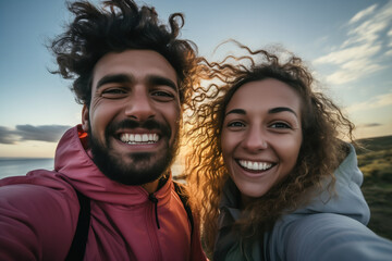Joyful heterosexual couple of travellers making selfie at sunset
