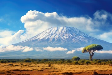 Kilimanjaro mount background in National park. Safari landscape, Tanzania Africa. Generative ai - obrazy, fototapety, plakaty