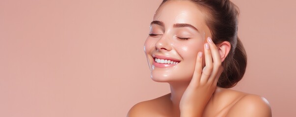 Young  smiling girl applying moisturizing skincare cream on pink backround. Generative ai