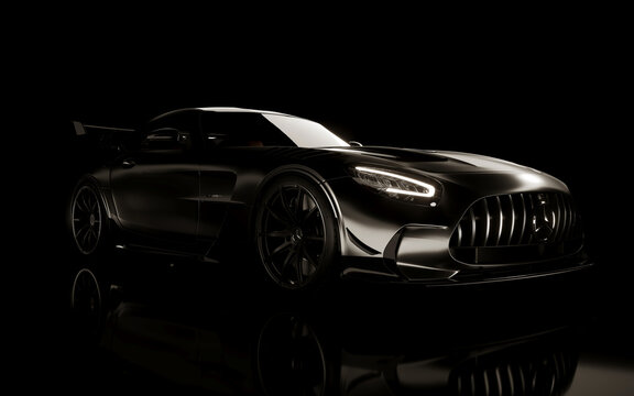 Kazakhstan, Almaty, November 05, 2023: Matte Grey Mercedes Benz AMG GT supercar fast luxury model. 3d render