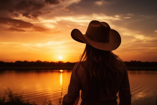 Country Girl Silhouette with Hat - Beautiful Cowgirl Woman on America's Sky Background Lake Beauty