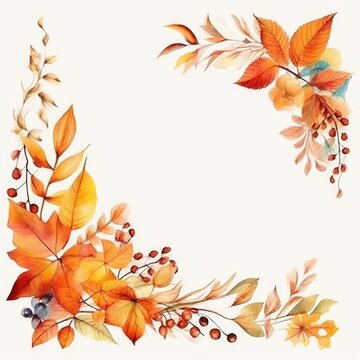 Watercolor Fall Leaves Frame: Botanical Corner Border with Orange Foliage - Autumn-themed Design for Thanksgiving, Harvest, Invitations