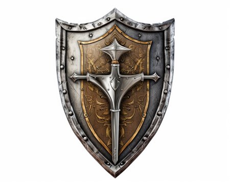 Medieval Knight Coat of Arms: Isolated Shield and Sword - Old Symbols of Armour and Weaponry