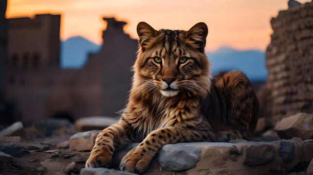 A Liger, with an ancient ruin as the background, during a cloudy twilight