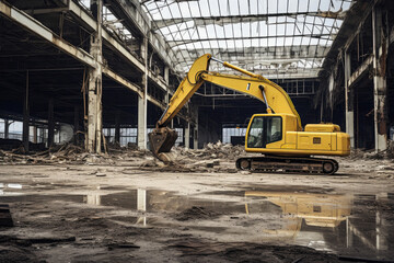 Fototapeta na wymiar Decrepit Industrial Site with a Bold Yellow Excavator in Focus