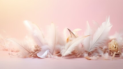 A delicate array of soft pastel-colored feathers gently dispersed across a light pink background. 