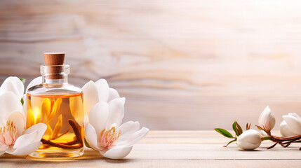 Fototapeta na wymiar Magnolia essential oil in a bottle. Generative AI,