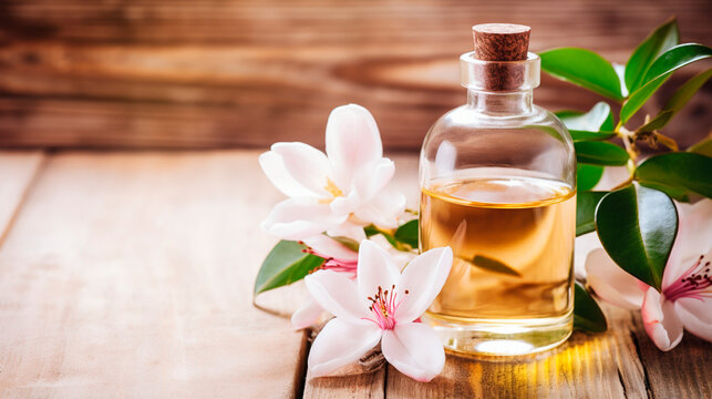 Magnolia essential oil in a bottle. Generative AI,