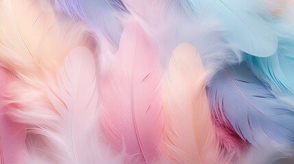 Soft fluffy feathers in a spectrum of pastel colors scattered over a matte surface. 