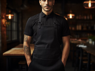 Male chef wearing mockup of blank empty black apron in the kitchen of restaurant, template for shop branding identity - obrazy, fototapety, plakaty