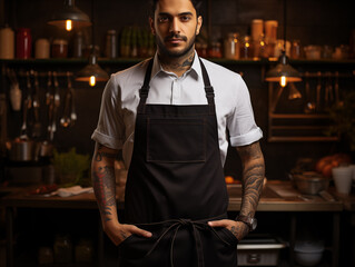 Male chef wearing mockup of blank empty black apron in the kitchen of restaurant, template for shop branding identity