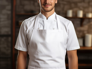 Male chef wearing mockup of blank empty white apron in the kitchen of restaurant, template for shop branding identity