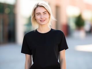 Attractive young woman wearing blank black empty oversize white t-shirt mockup for design template