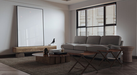 Fototapeta premium Modern minimal interior of living room with black pattern wall background. 3d rendering. 