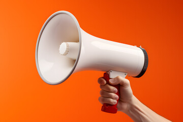 Hand holding megaphone isolated on orange background