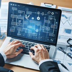 Business developer using Kanban board framework on laptop computer. Agile software development lean project management tool for fast changes, project management concept