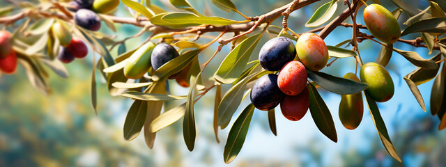 Olives on a branch in the garden. Generative AI, - obrazy, fototapety, plakaty