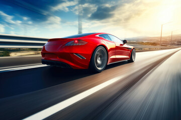 Fototapeta na wymiar Agile Red Performance Car Navigating Highway Curve