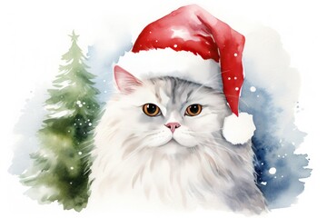 Watercolor white cat with santa hat on background snow forest landscape, Closeup
