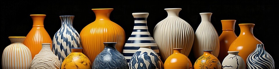 Vibrant and Diverse Collection of 13 Vases Against Black Backdrop - obrazy, fototapety, plakaty